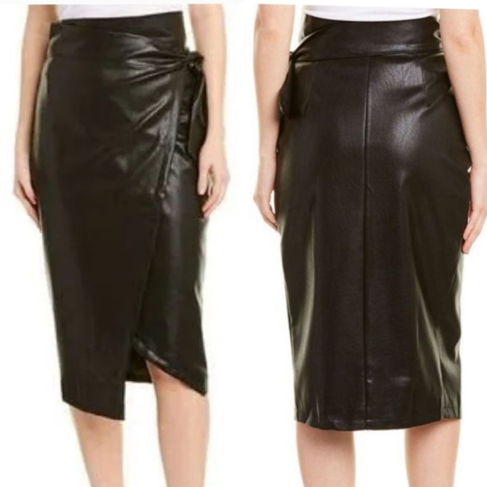 Gracia Black‎ Faux Leather Midi Wrap Skirt Size S NWT